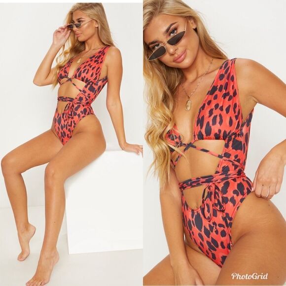 Prettylittlething Red Leopard Cut Out Wrap Around Swimsuit One Piece - Picture 4 of 8